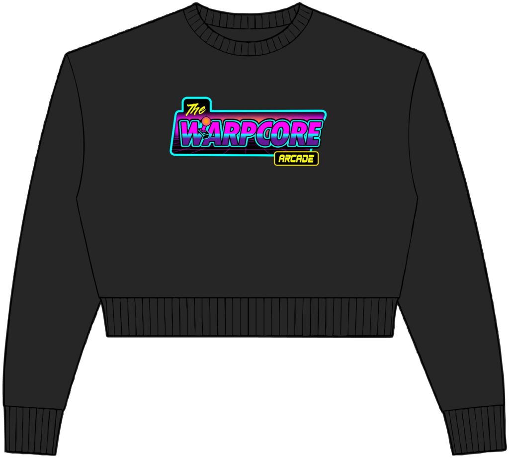 The Warpcore Arcade Crop Crewneck Sweatshirt — Retro 80s Neon Gaming Graphic